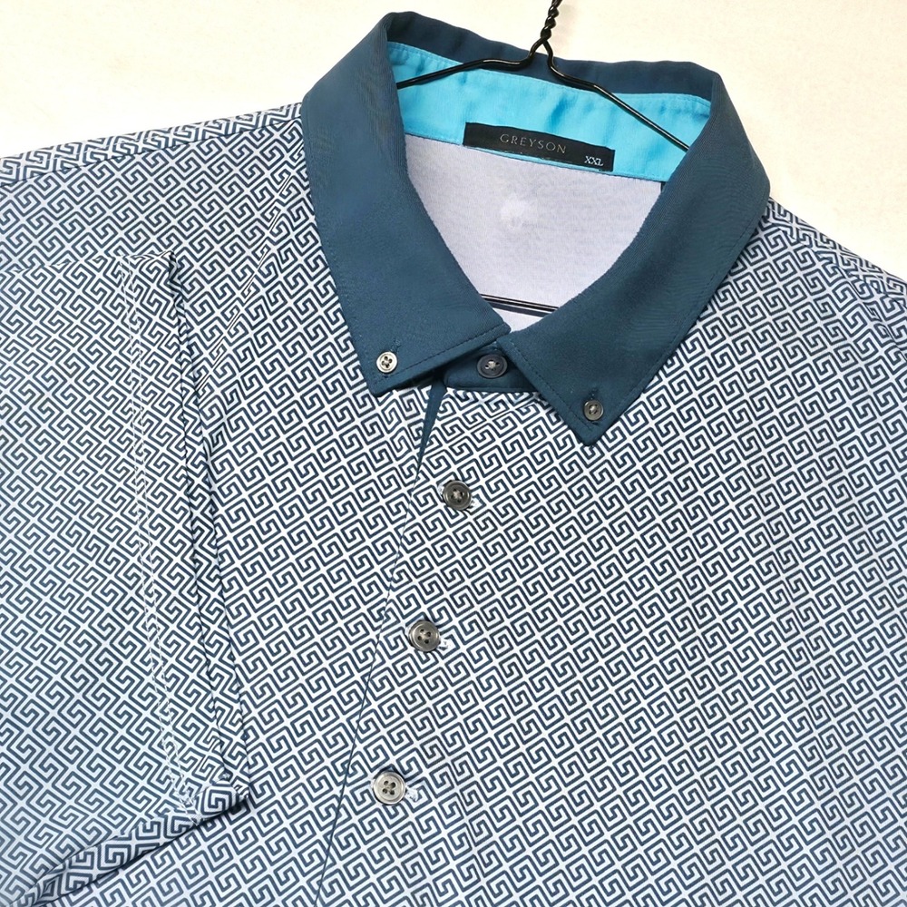 Greyson Polo Shirt Men XXL Blue Greek Key Geometric Stretch Short Sleeve Button